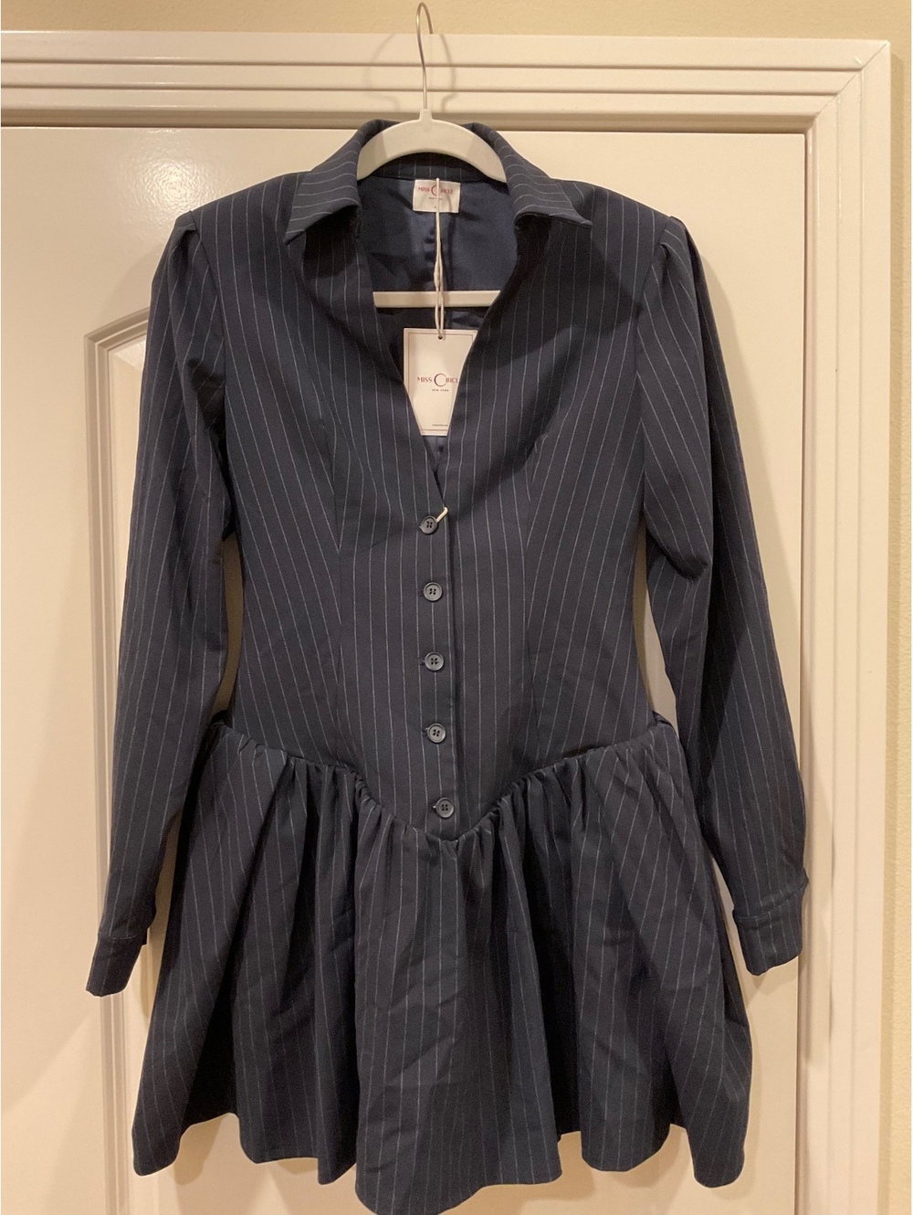 Miss Circle Xabrina Navy Pinstripe Long Sleeve Mini Fit Flare Dress NWT Size S